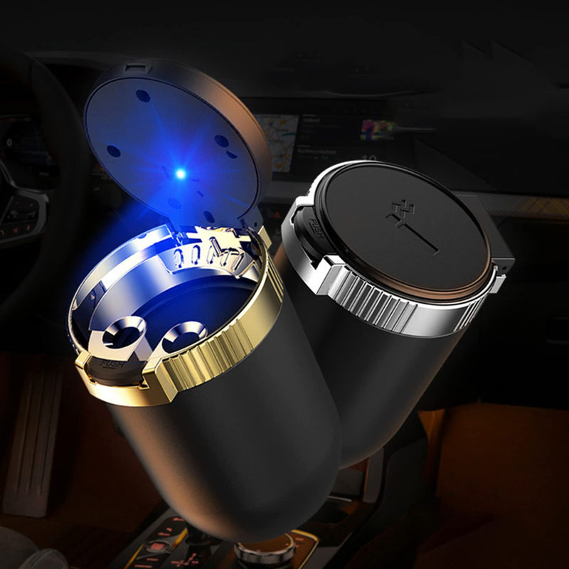 Car Ashtray with Lid Portable Ash Tray Mini Car Trash Can with LED Blue Light Windproof for Outdoor Travel (Silver) Silver