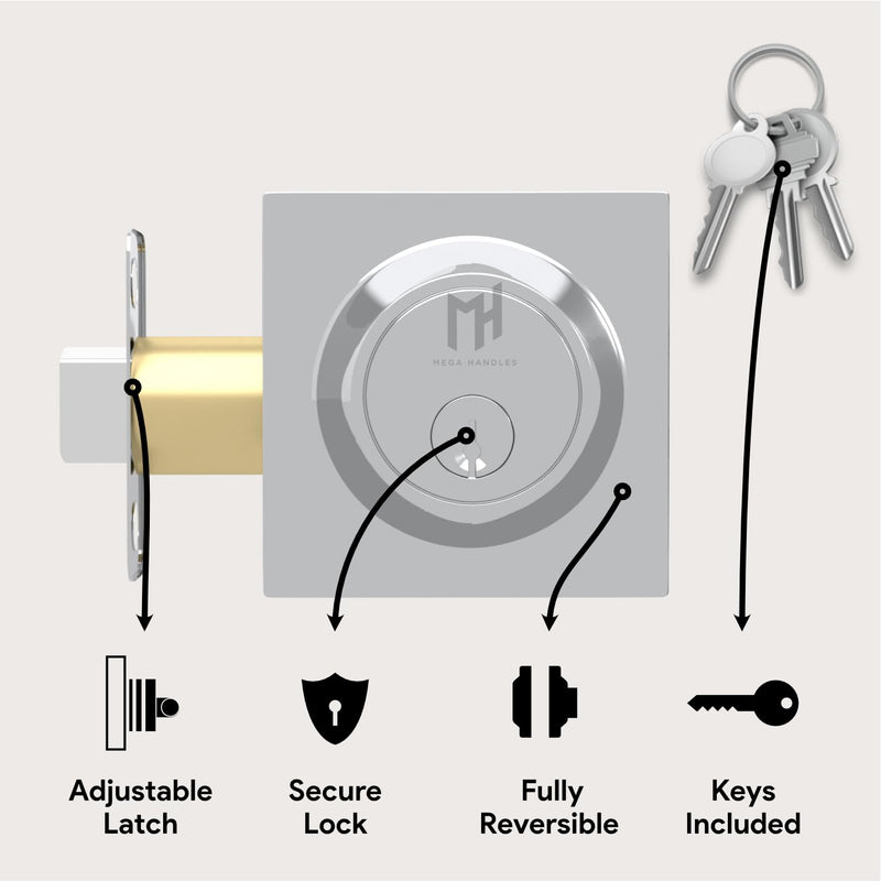 Mega Handles Laura Deadbolt Lock - Heavy Duty Square Locking Deadbolt for Left Or Right-Handed Doors, Dead Bolt Locks for Interior Doors & Exterior, Screws Included - Polished Chrome 1