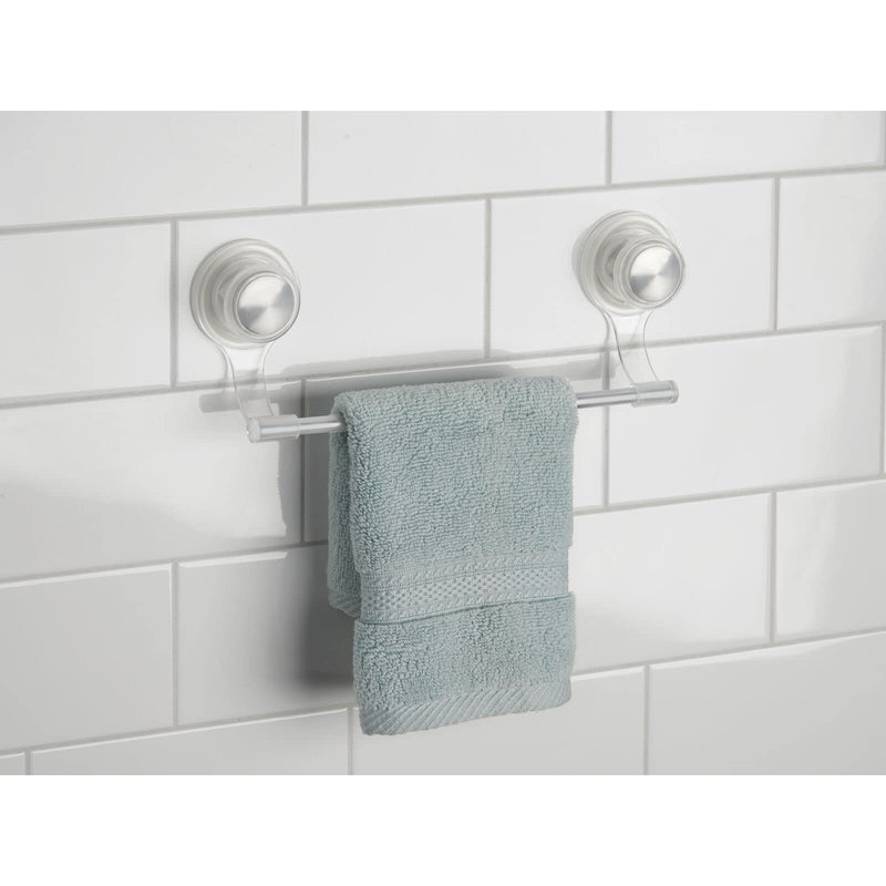 mDesign Strong Suction Wall Mount Plastic/Metal Wash Cloth Hand Towel Bar for Bathroom, Shower Stall, Bathtub - 2 Pack, Clear/Stainless Steel