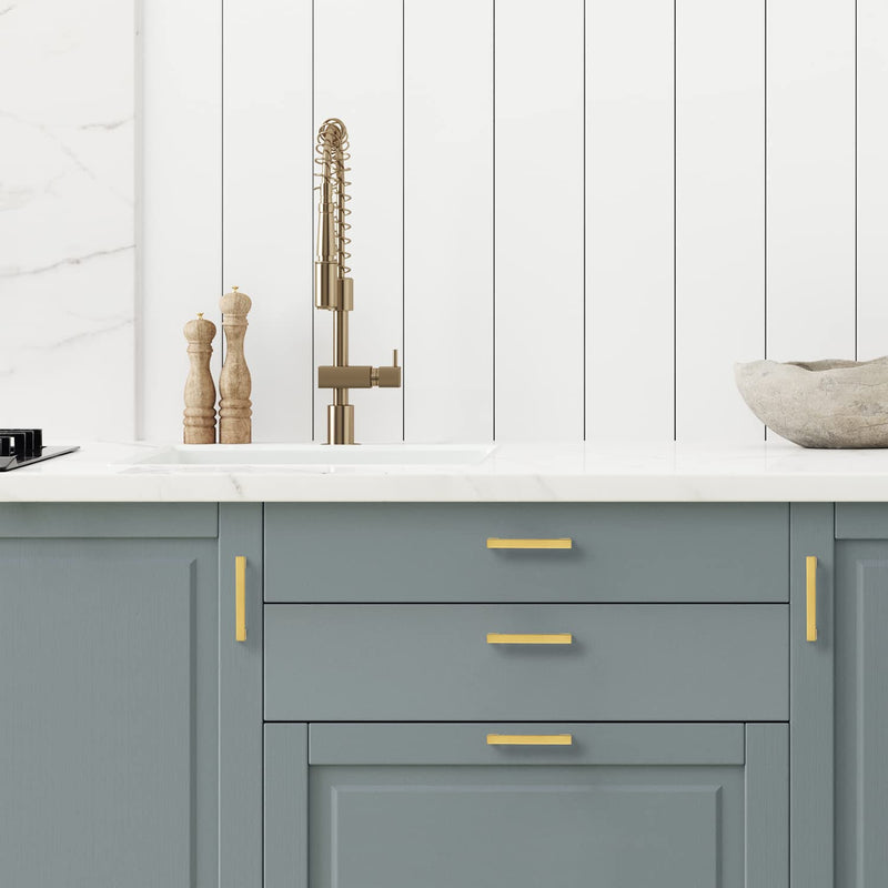Ravinte 10 Pack Gold Cabinet Pulls 3-1/2 Inch Brushed Brass Kitchen Cabinet Handles Gold Square Kitchen Hardware for Drawer Pulls Come with Screwdriver 3-1/2 In Hole Center