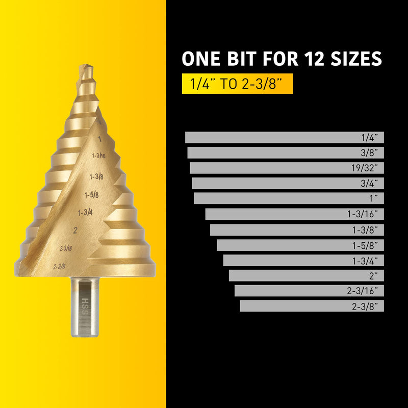 Anfrere Large Step Drill Bit, 1/4 to 2-3/8 inch High Speed Steel Drill Cone Bits for Sheet Metal Hole Drilling Cutting, Sprial Unibit Extra Large 2-3/8 inch 1pc M2 Larger Bit (Gold)
