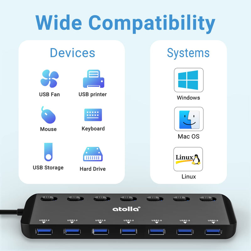 atolla 7-Port USB 3.0 Hub Splitter, USB Extender Ultra Slim Data USB Hub with Individual Power Switch and LEDs Black