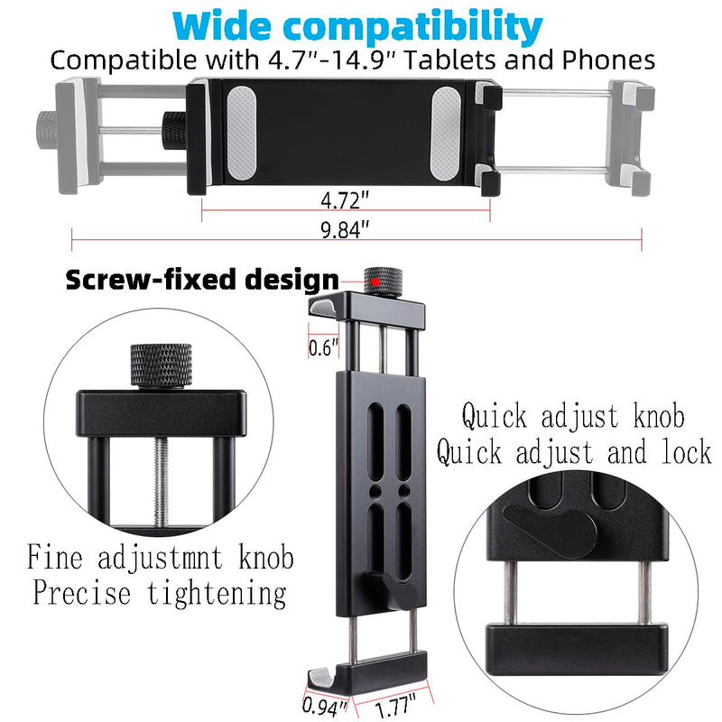 Aluminum Dual Arm Tablet Mount with Super Clamp for Rails 0.5'' to 2'' in Diameter, Side Mount Tablet Holder for Mic Stand, Compatible with iPad Pro 12.9 Air Mini, Galaxy Tab, 4.7-12.9" Tablets