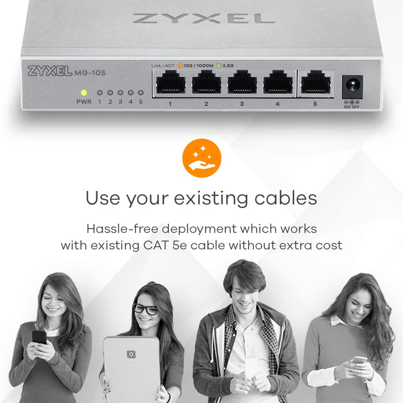 Zyxel 5-Port 2.5G Multi-Gigabit Unmanaged Switch for Home Entertainment or SOHO Network [MG-105]