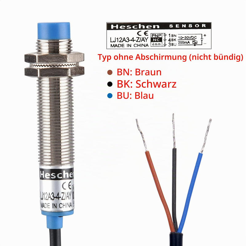 Heschen Inductive Proximity Switch with Sensor LJ12A3-4-Z/AY, Detector 4mm, 10-30V, 200mA, PNP NC (Normally Closed) 3 Wires