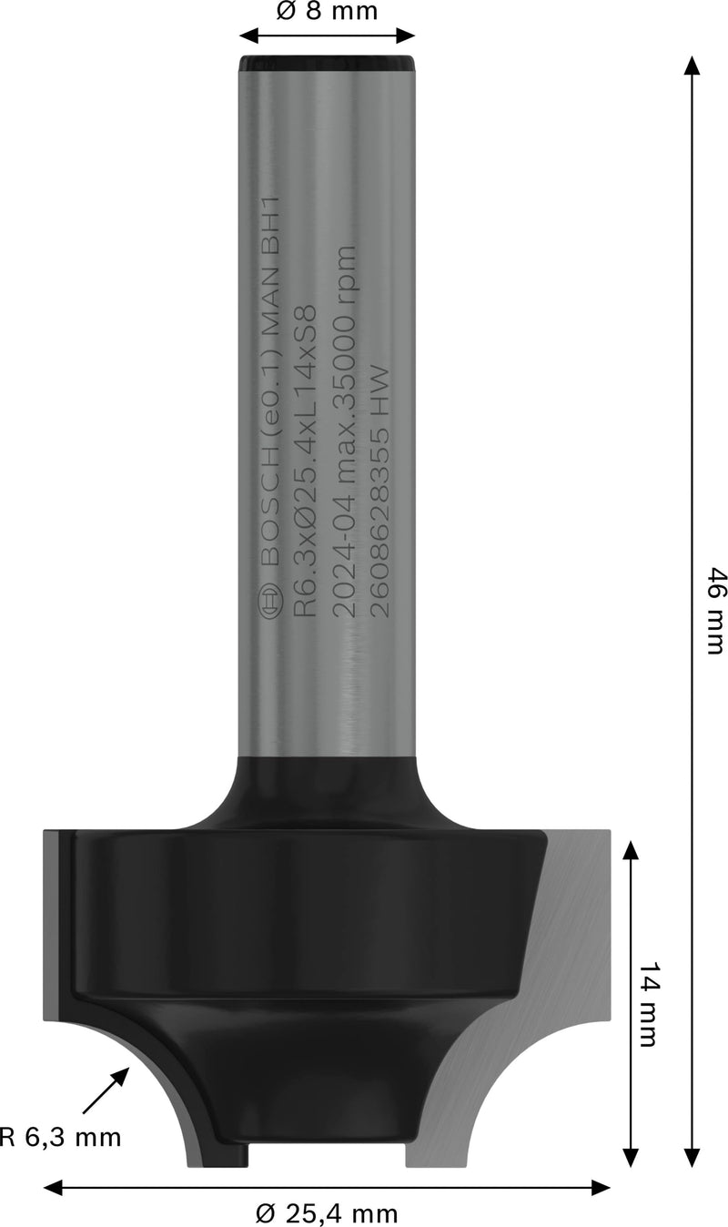 Bosch 2608628355 Profile Cutter, Silver/Black, 8 mm x 25.4 mm x 46 mm radius 6.3mm 8 mm shaft