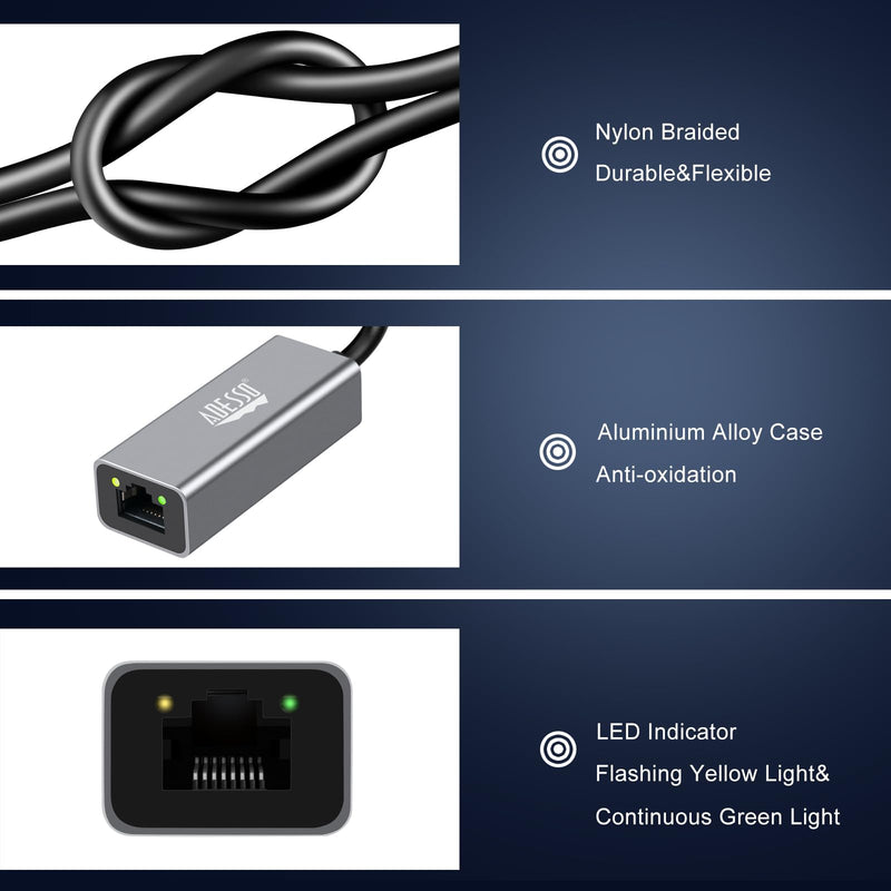 Adesso AUH-5000 USB-C to Ethernet Network Adapter - Gigabit Speed, Aluminum Alloy Case, LED Indicator, Plug & Play, Compatible with Windows, Mac OS, Chrome OS, Linux - TAA Compliant
