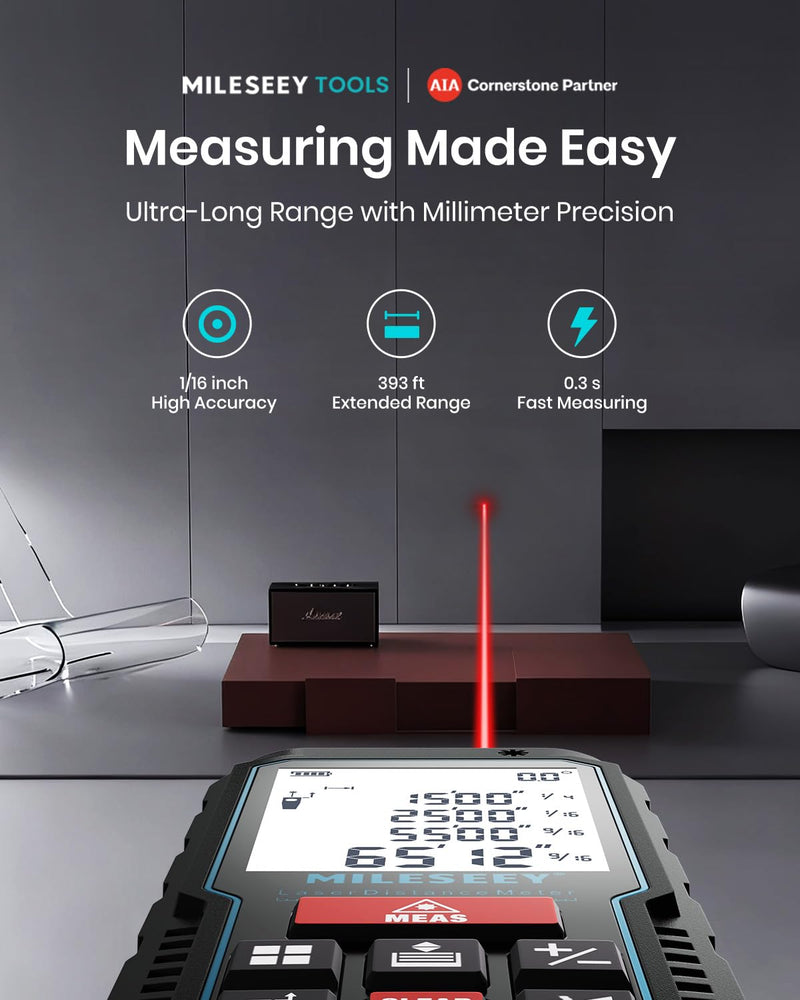 Laser Measure Device, MiLESEEY 393ft Digital Laser Tape Measure with Upgrade Electronic Angle Sensor, 2mm Accuracy, Area Measurement,Volume and Pythagoras, 2" LCD Backlit,Mute, Battery Included