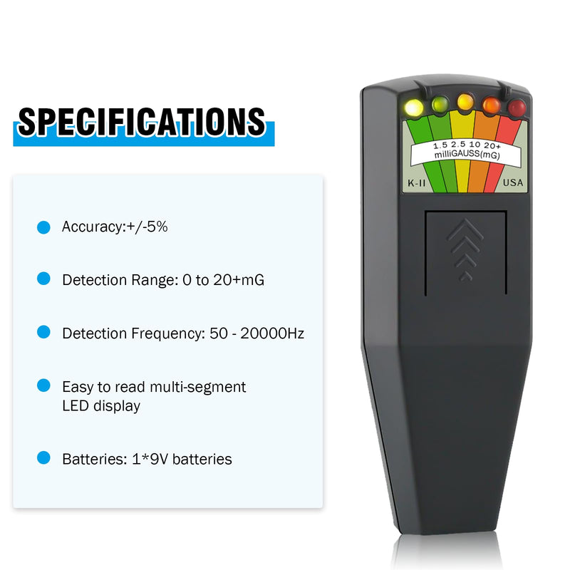 K2 EMF Meter, Handheld Electromagnetic Radiation Detector, 5 LED Ghost Hunting Detector, EMF Magnetic Field Monitor, for Office, Home, Ghost Hunting, 50Hz-20,000Hz, Black