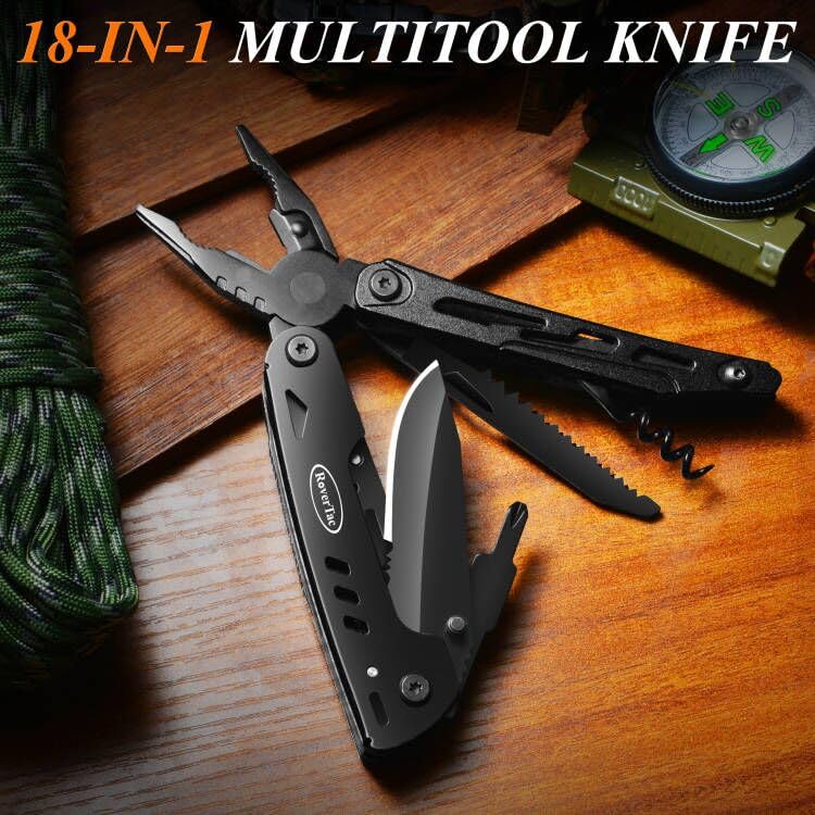 RoverTac 18-in-1 Multitool Pocket Knife with Pliers, Saw, Corkscrew & Detachable Scissors, Multi Tool with Safety Lock, 9 Screwdriver Bits, Camping Gear, Gifts for Men Black