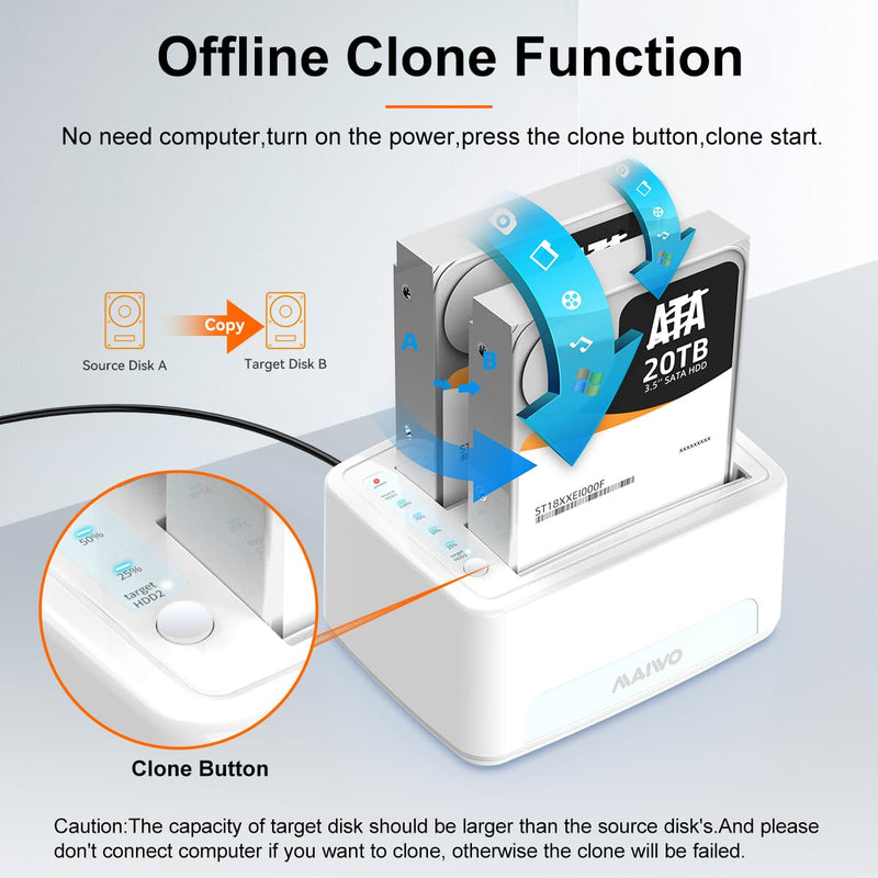 MAIWO Dual Bay Hard Drive Docking Station with Offline Clone, SATA Cloner Dock for 2.5 and 3.5 inch HDDs and SSDs, 40TB Expansion,UASP Supported,White