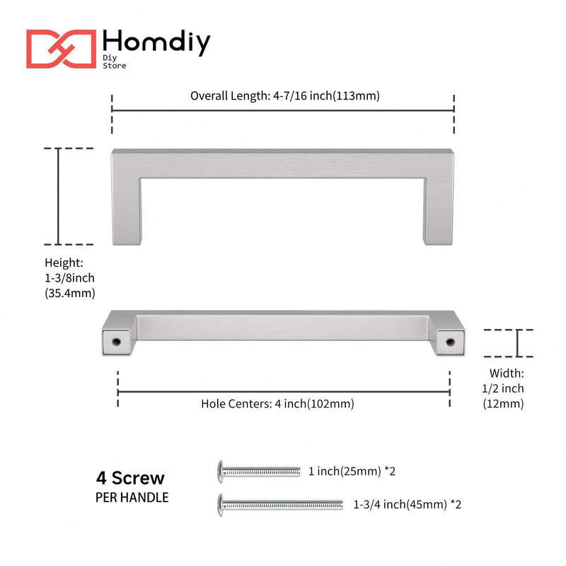 homdiy 15 Pack 4 Inch Brushed Nickel Cabinet Pulls Stainless Steel Kitchen Dresser Hardware for Drawer, Cupboard 4inch(102mm) hole center