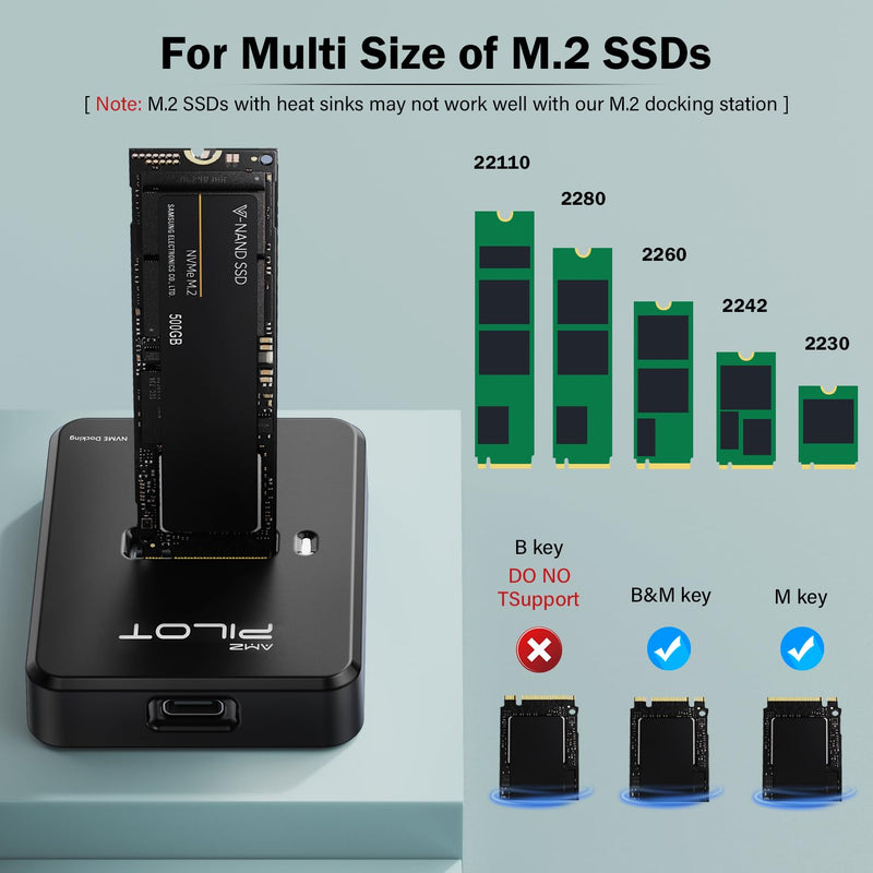 M.2 NVMe & SATA to USB C Docking Station, M.2 SSD to USB A C Reader Adapter for Both M Key & B+M Key NVMe PCIE and SATA NGFF SSD Dock, Size for 22110 2280 2260 2242 2230 Enclosure - Square M.2 Dock [Square Plastic]