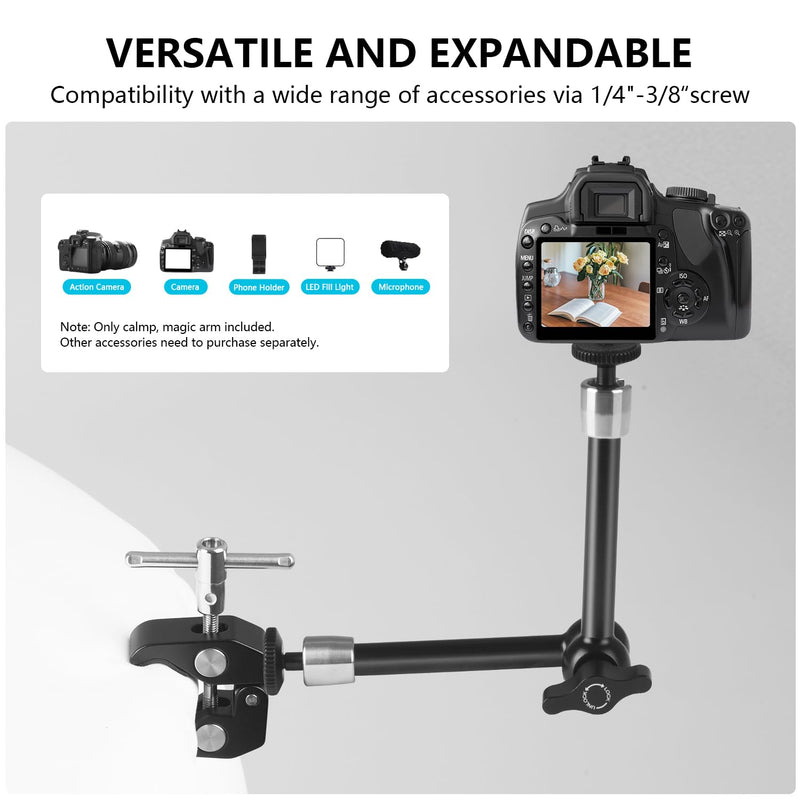 9.8" Adjustable Magic Arm with 1/4", Clamp with 1/4" and 3/8", Magic Arm Camera Mount for Photography, Video Recording, LCD Monitor, LED Lights, Microphone