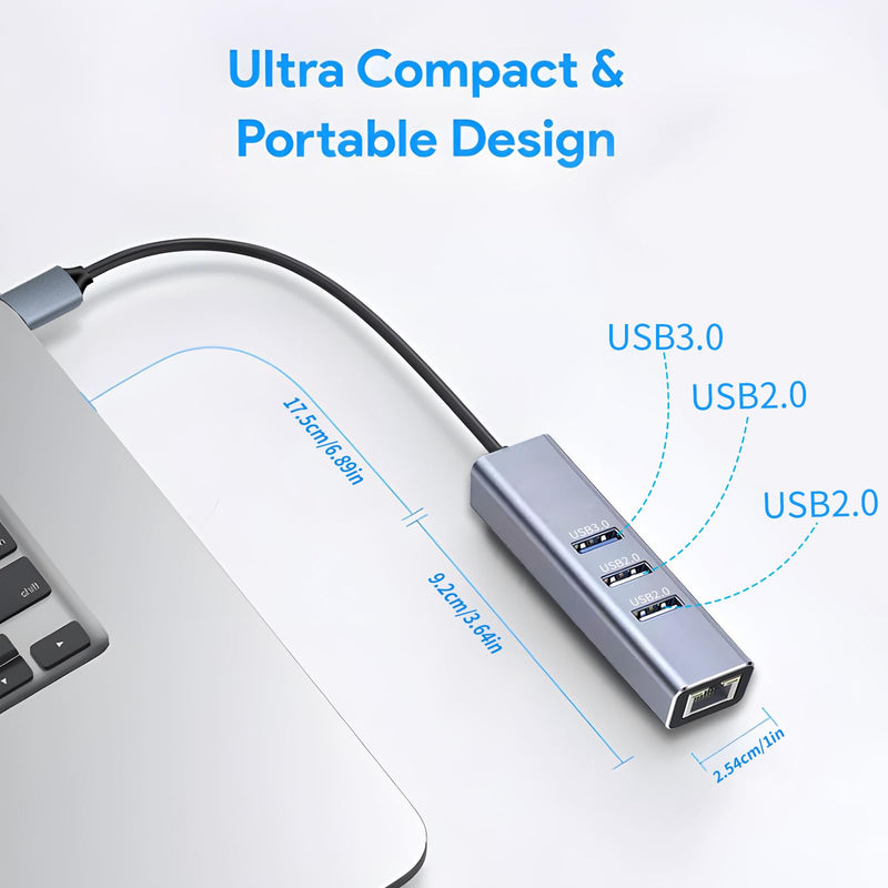 USB-C to Ethernet Adapter, 3-Port USB 3.0 Hub with RJ45 10/100 Ethernet Adapter(2X USB2.0 and 2xUSB3.0) Aluminum Network, Compatible with iMac, PC, Chromebook Laptops, C