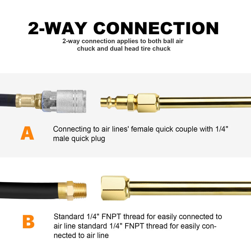 2-Way Connection 13.8" Extended Air Chuck Set, 1/4 in FNPT Straight Foot Dual Head Tire Inflate Chuck with Standard Brass Quick Plug, Tire Air Compressor Fill Kit for Truck RV Dually Tires