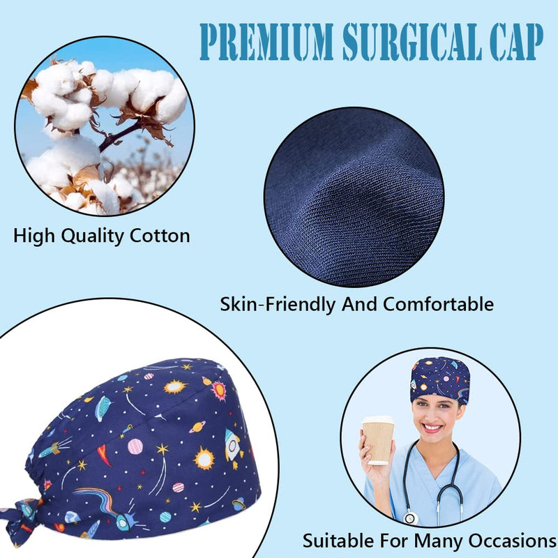 PlandleLee surgical caps fabric nurse, scrubbing cap, printed full turban hat, adjustable full hair cover, unisex doctor cap with sweatband