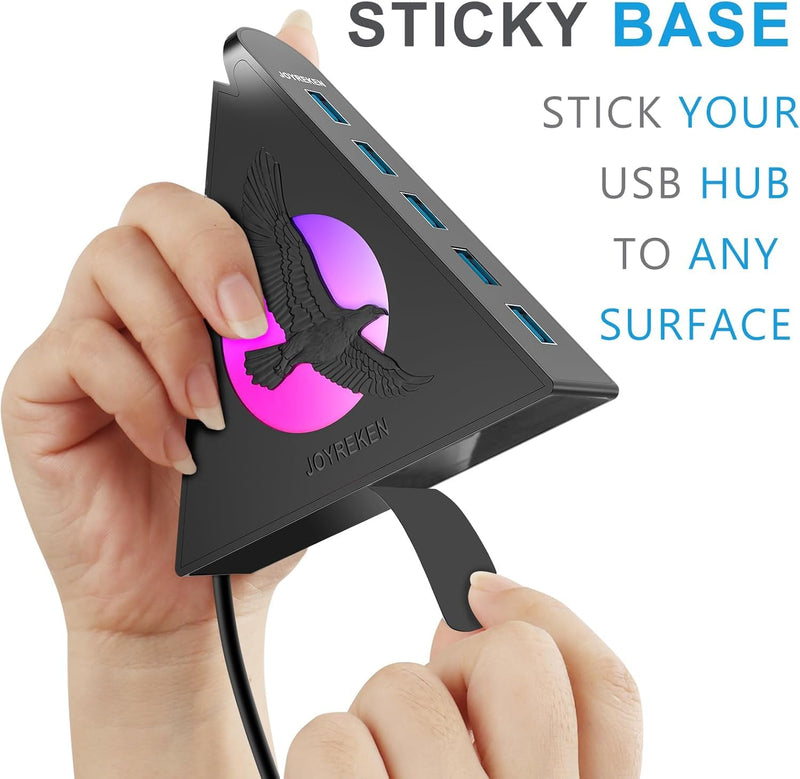 7 Port USB Hub, USB 3.0 Data Hub with 2 ft Long Cable,RGB Night Light,Multi Port Gaming Hub for PC, Laptop, Flash Drive, Keyboard, Mouse, Console, Xbox, PS4/PS5, iMac, Flash Drive, HDD 2ft Eagle Black