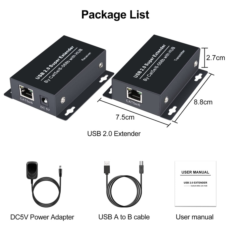 USB Extender Over Ethernet 200ft USB2.0 HUB RJ45 Cat5e 6 up to 480Mbps with Power Adapter 2 Cameras Work in Sync Support Windows MacOS Android Linux USB 2.0