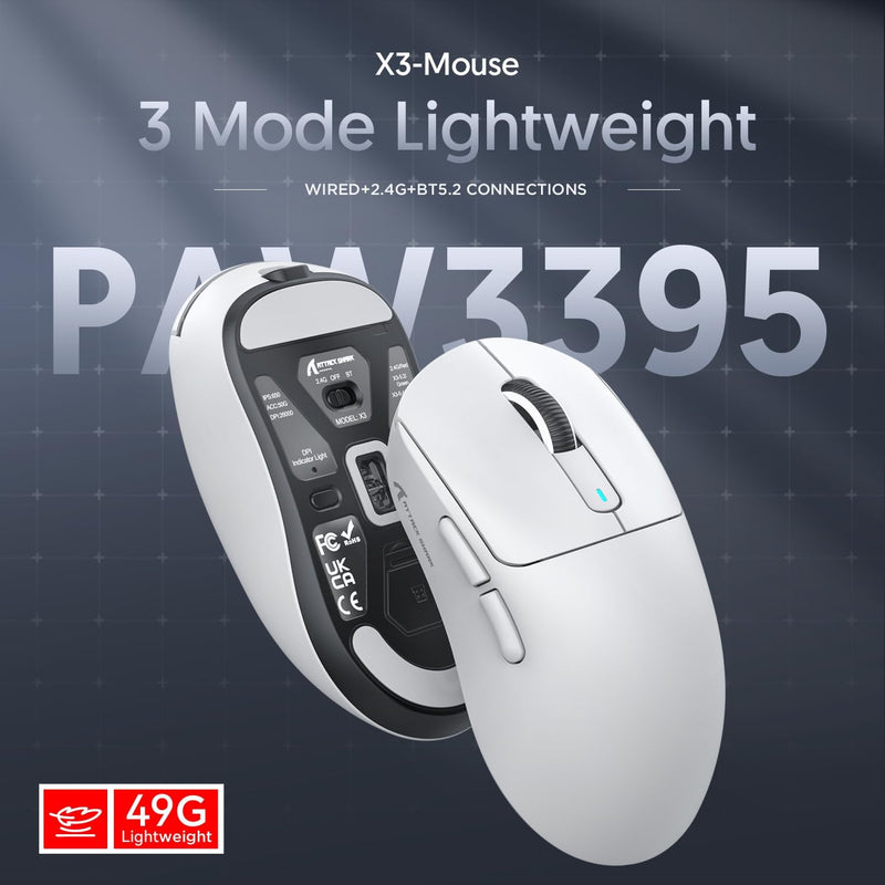 x Attack Shark X3 Wireless Gaming Mouse, 49g Ultralight, PixArt PAW3395 26000 DPI, Bluetooth/2.4Ghz /Wired Tri-Mode, 200Hrs Rechargeable Battery, Kailh GM8.0 Switch for PC/MAC/Win - White