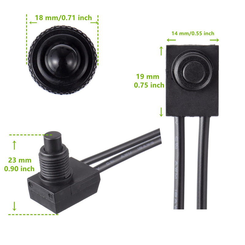 KP-107 Waterproof Push Button Switch 12V ON/Off SPST Switch with 4.5''Lines for Motorcycle/Car(Pack of 2pcs,Black) Black