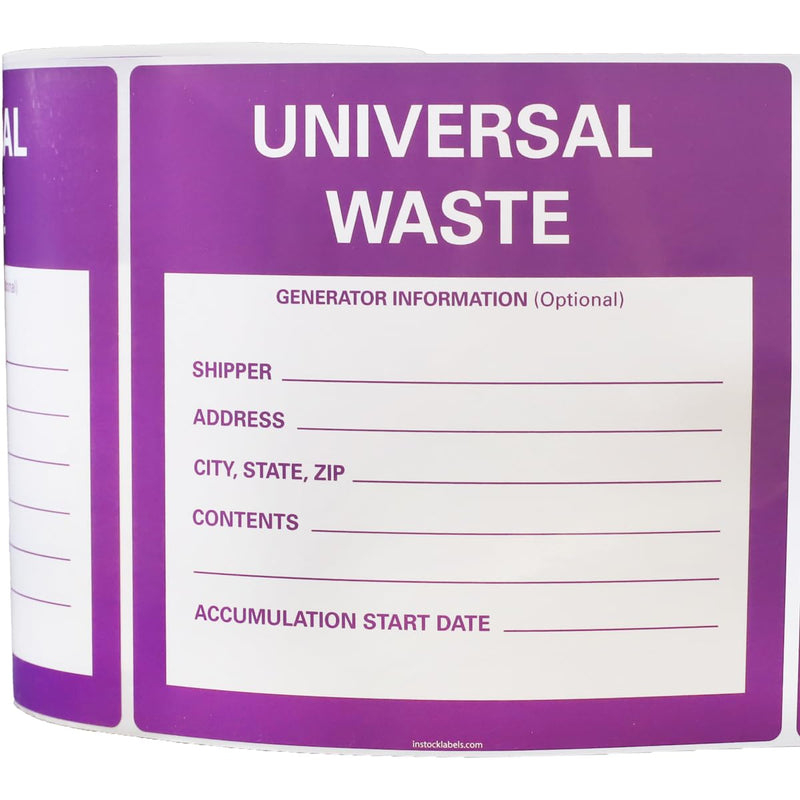 Universal Waste Labels - Hazardous Waste Labels for Chemical Waste Bin, 6 x 6 Inches, Strong Adhesive, 100 Labels per Roll, Durable Waste Management Stickers for Safety & Proper Handling
