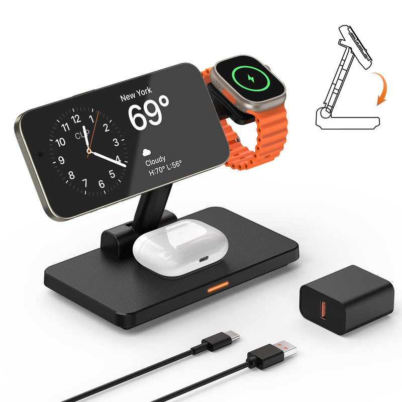 Wireless Charging Station for iPhone Mag-Safe: JoyGeek 3-in-1 Foldable Charger Phone Stand Charge for iPhone 16/15/14/13/12 Pro/Max/Plus - for AirPods - for Apple Watch 2-10/Ultra Carbon Black
