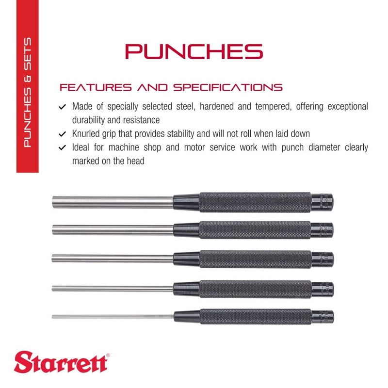 Starrett Steel Drive Pin Punch Set with Knurled Grip for Precise Positioning and Secure Holding - Hardened and Tempered Steel, 8" Length - 5-Pack - S248