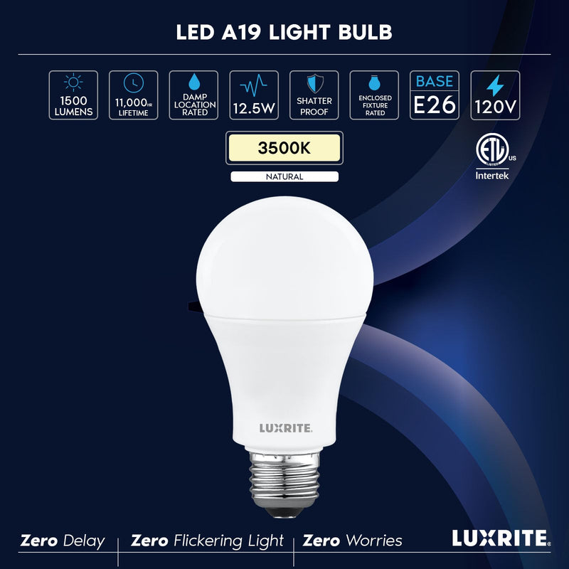 LUXRITE A19 LED Light Bulb 100 Watt Equivalent, 3500K Natural White, 1500LM, Non-Dimmable, Standard LED Light Bulbs, 12.5W, E26 Base, Enclosed Fixture Rated, Damp Rated, ETL Listed (16 Pack) 16 Count (Pack of 1) 3500k (Natural White)