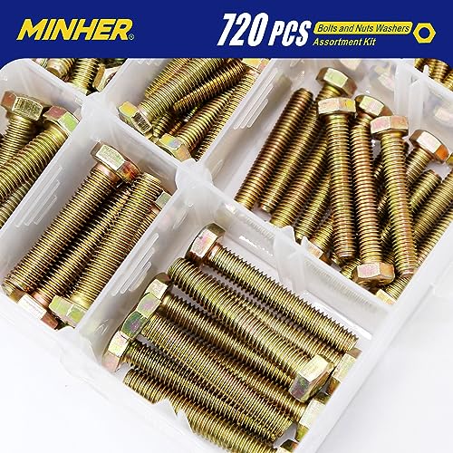 MINHER M4 M5 M6 Bolts and Nuts Assortment Kit 720PCS Hex Screws Nuts & Washers Set M4, M5, M6 (720PCS)