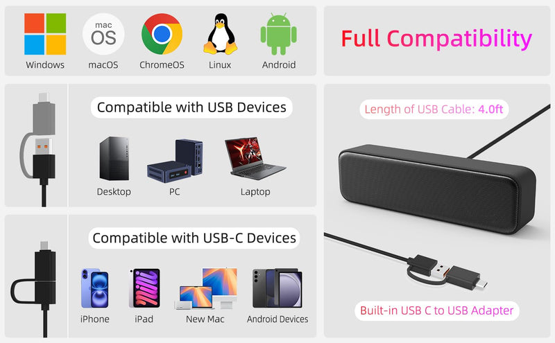 Computer Speakers for Desktop PC, External Speakers for Laptop, Mini Computer Soundbar for PC, Wired USB Plug in Speakers with Loud Sound, Deep Bass, Wide Compatibility – Bult-in USB C to USB Adapter YFQ86