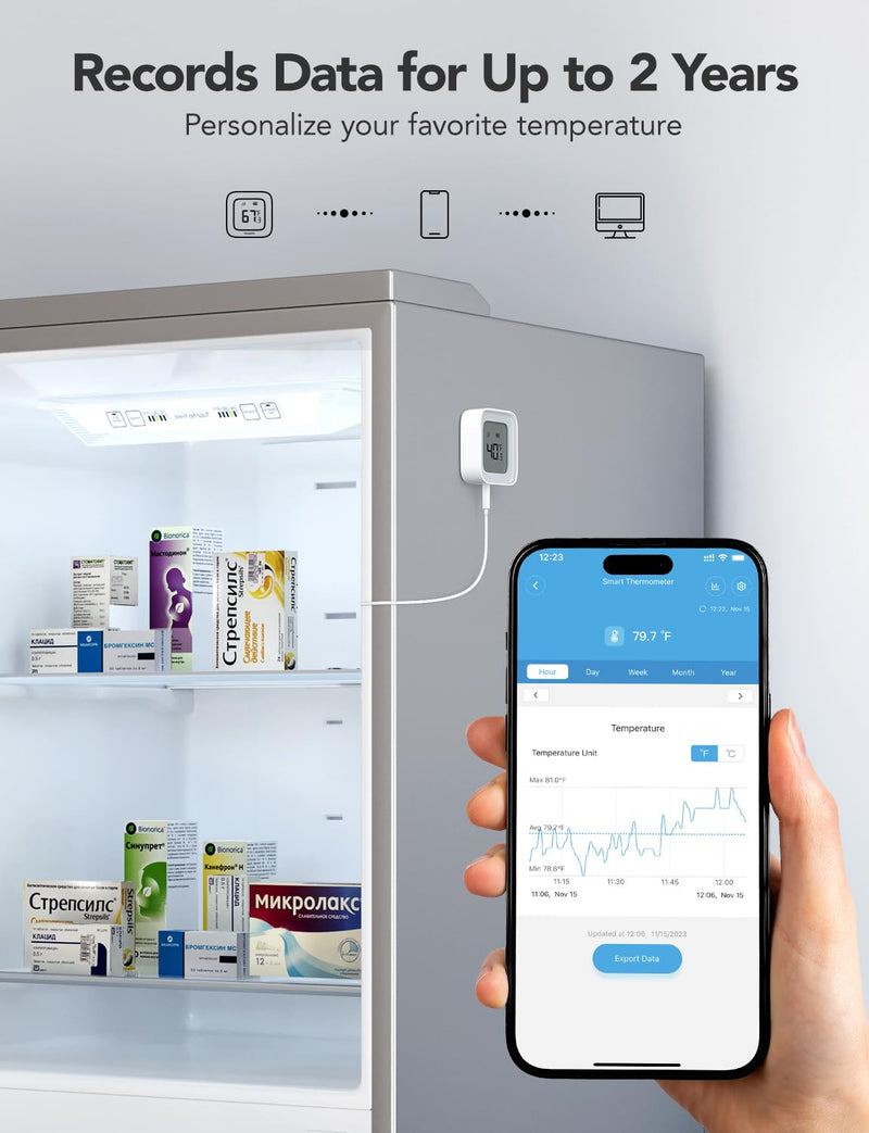 GoveeLife WiFi Refrigerator Thermometer with Alarm, Wireless Digital Freezer Temperature Gauge with App Control, LCD Display, 2 Years Free Data Export, for Home Kitchen Fridge Hot Tub 2 Pack 1 Gateway + 2 Sensor