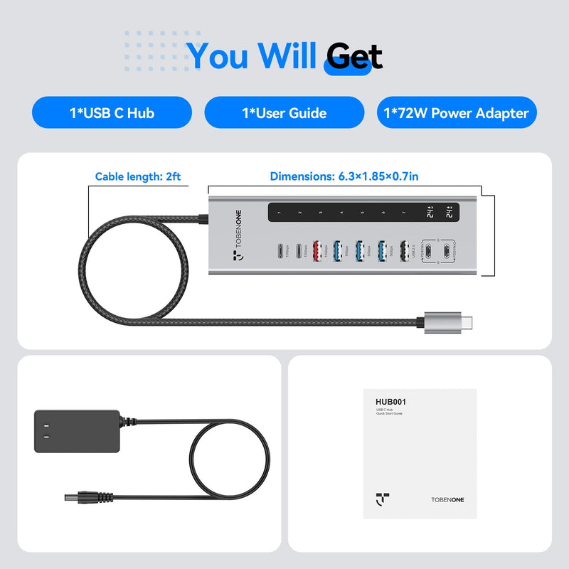 TobenONE Powered USB C Hub, 11-in-1 10Gbps USB C Splitter with 5 USB-A and 5 USB-C, 72W Adapter, 100W PD-IN, 45W USB C Charging Port, USB C Expander for Laptop/PC, MacBook, iPad,Phone(Not for Monitor)