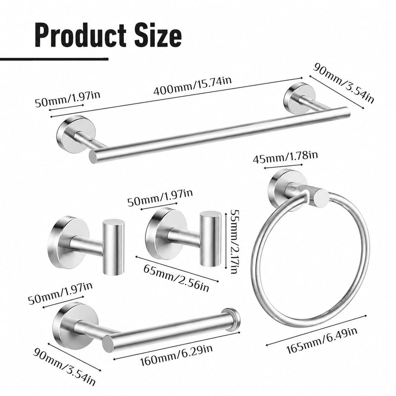 Silver 5 Pieces Bathroom Hardware Set, 16 Inch Bathroom Towel Holder, Wall-Mounted Towel Bar, Towel Racks for Bathroom, Robe Towel Hooks, Toilet Paper Holder Silver