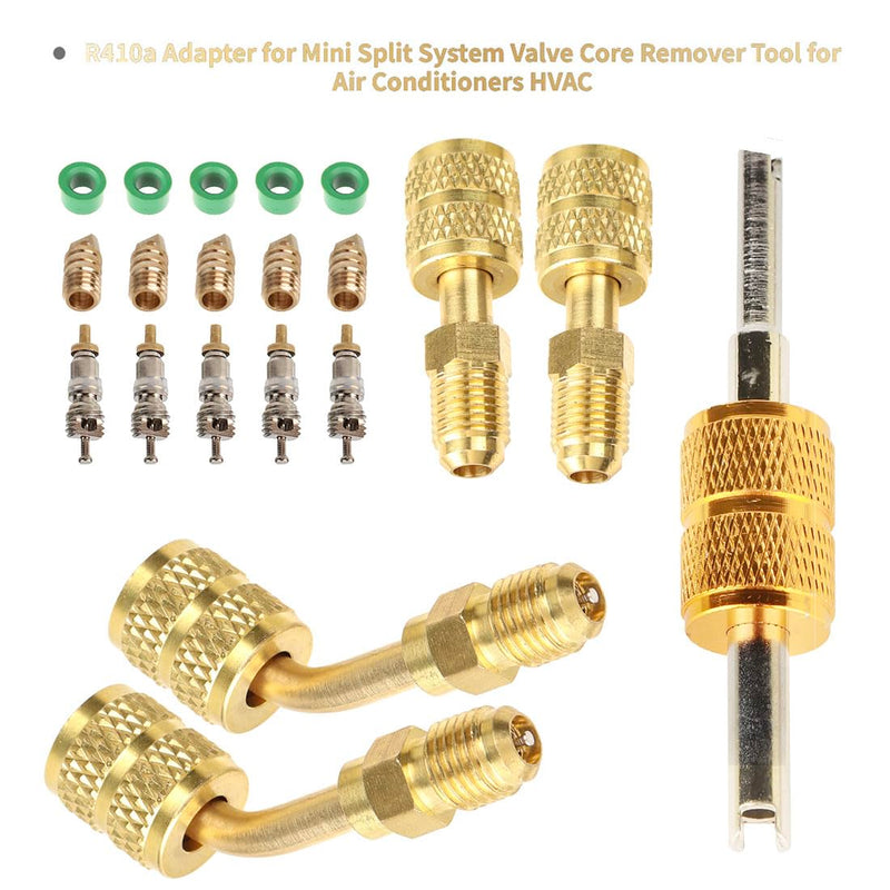 R410a Adapter for Mini Split System, Charging Vacuum Port Adapter, 5/16 Female 1/4 Male Flare, Valve Core Remover, r134a Hose Gaskets, 5V1 Valve Cores, for Air Conditioners Refrigeration HVAC Service