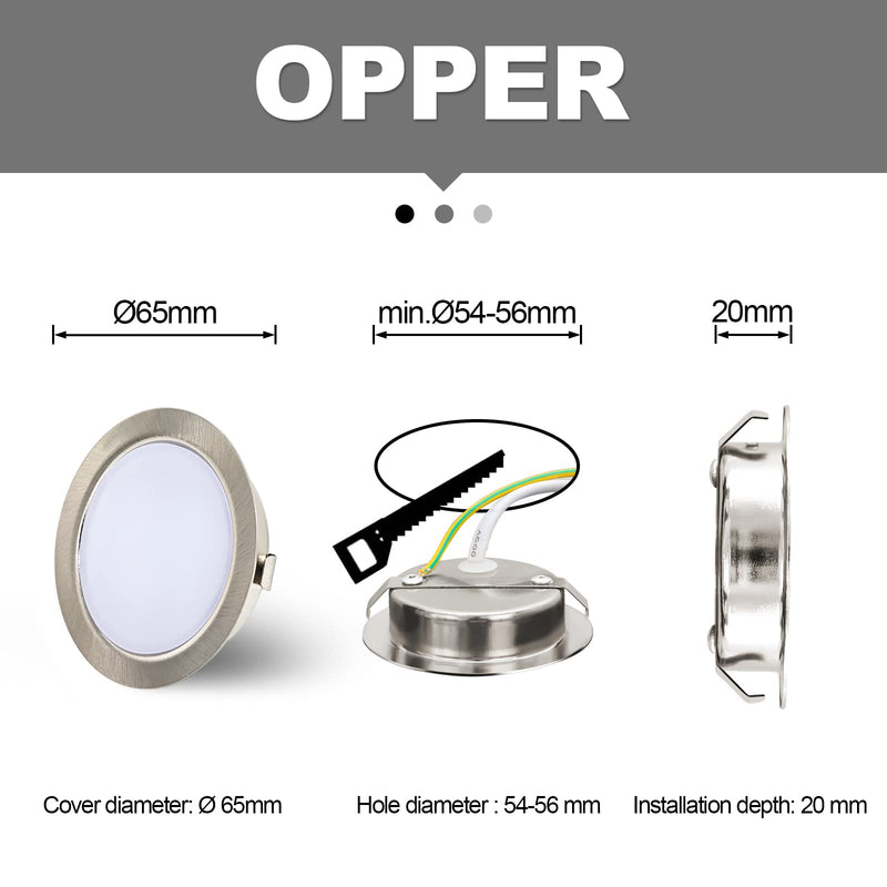 KYOTECH LED recessed furniture light dimmable 230V 4W 4000K warm white G4 LED 300LM bulb furniture recessed spotlight, drill hole 54-58mm and 20mm flat, brushed stainless steel nickel set of 3