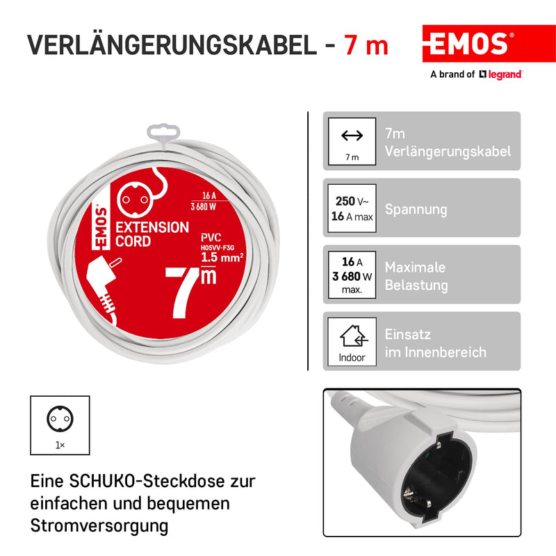 EMOS - IP20 extension cable 7m - 1 Schuko socket - 250 V, 16 A, 3680 W - high-quality PVC insulation - H05VV-F3G 1.5 mm2 - increased touch protection - for indoor use - white 7 Meter