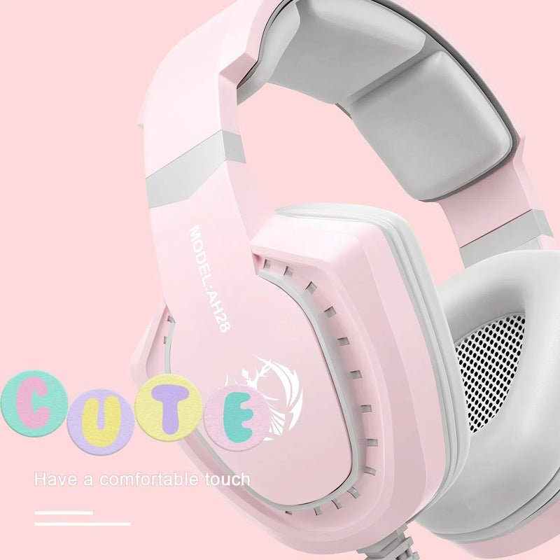 Pink Gaming Headset with Mic for PC Computer Mac Laptop, Over-Ear Wired Gaming Headphones with Microphone, Volume Control, Compatible with PS4 Xbox PS5 Controller Phone