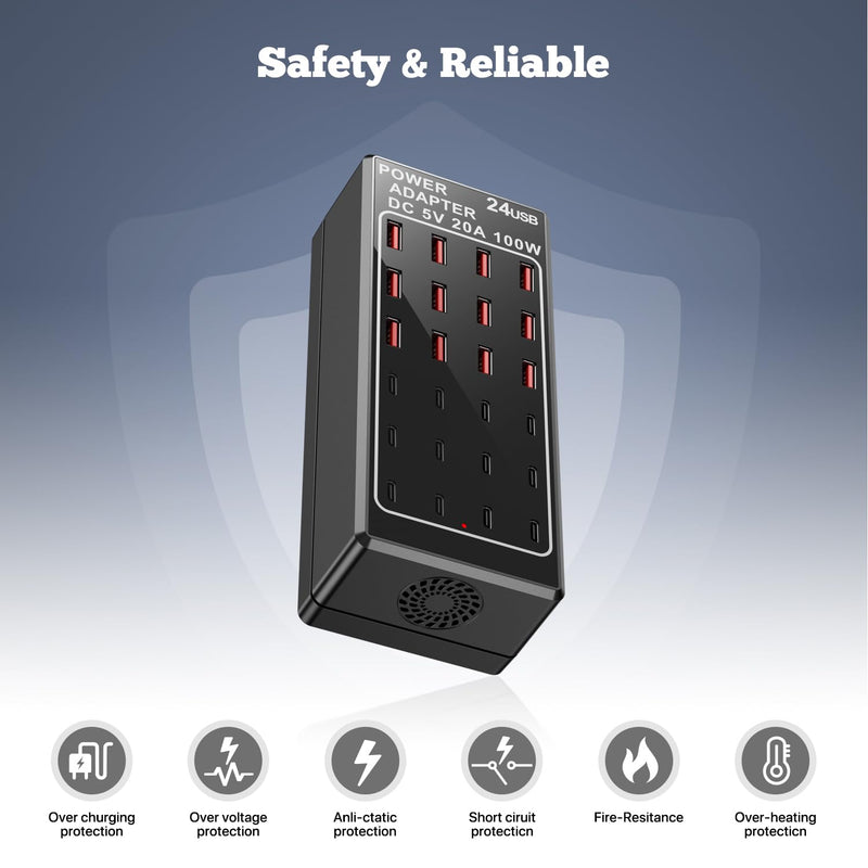 USB Charger 24 Ports, USB Charging Station 24-Port 100W(20A), USB Charger Block, 12 USB A & 12 USB C Ports fast Charger Desktop, Multi-Function Smart Charger for Apple iPhone iPad Samsung Laptop Pixel