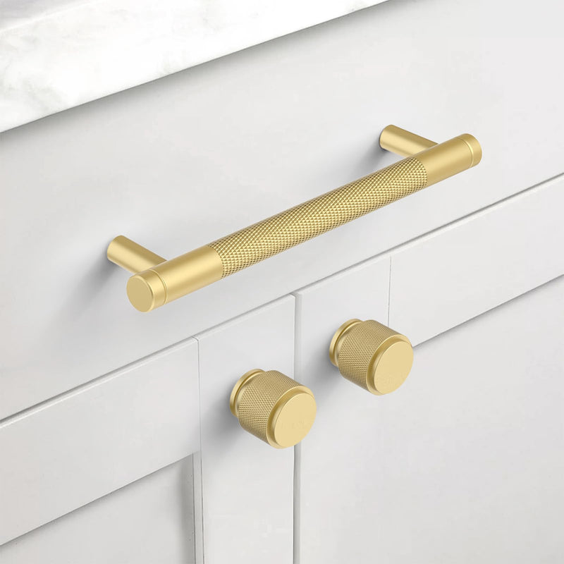 10 Pack 1"(25mm) Brushed Gold Knurled Cabinet Knobs for Dresser Kitchen Knobs for Cabinets Single Hole Cabinet Pulls Hardware Knob 10