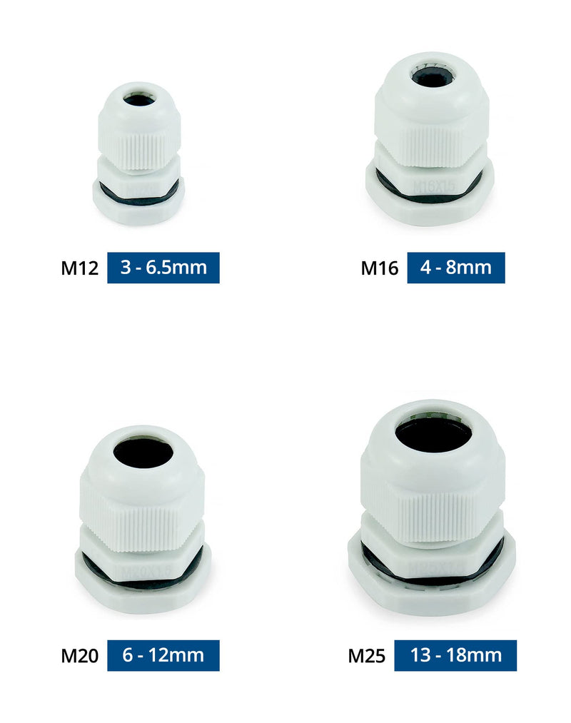 QWORK 32 Pcs Cable Glands, Waterproof Plastic Cable Gland, M12, M16, M20, M25