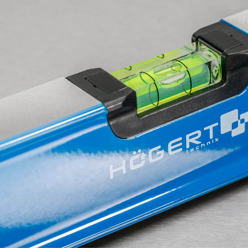 Högert Technik - spirit level 20 cm, has 2 spirit levels: 0 ° / 90 °, spirit levels made of aluminum, shock-absorbing end caps, size: 20 × 5.65 × 2.1 cm, HT4M001-D blue