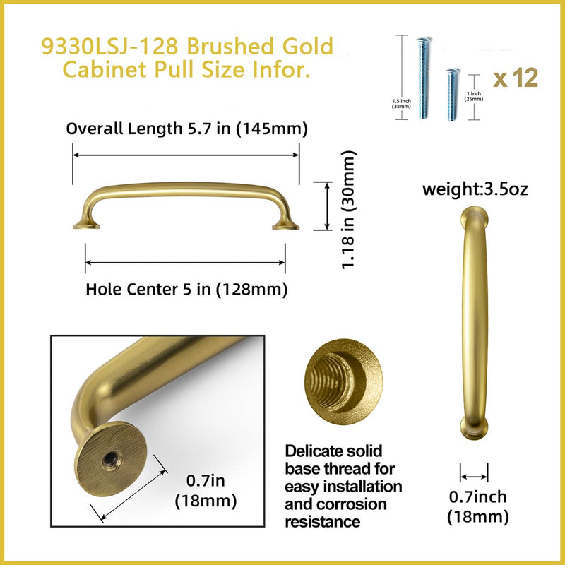 Goo-Ki 6 Pack Brushed Gold Cabinet Handles Kitchen Drawer Pulls, 5.04"(128mm) c-c Modern Bar Cabinet Pulls Solid Zinc Alloy Hardware for Furniture 5.04" Hole Center
