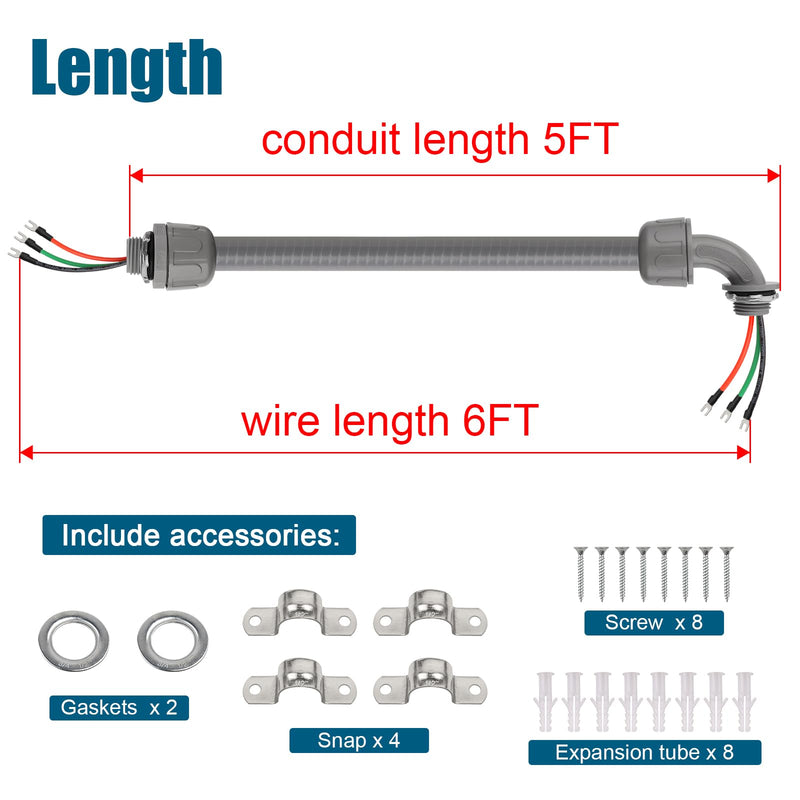 6FT Non-Metallic Liquid-Tight Conduit Kit, 1/2" Pre-Wired Electrical Whip with 3×10AWG THHN Copper Wires & Pre-Installed Terminals, 90° & Straight Connectors, Outdoor HVAC A/C Wiring 6 ft With Terminals
