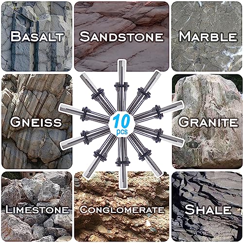 10 Sets Rock Splitter, 3/4 inch Diameter with 2 inch Depth Drill Hole Fitted Stone Splitting Tools, Spring Steel Wedge and Feather Shims Hand Tools for Masonry, Concrete Marble Granite Cutting