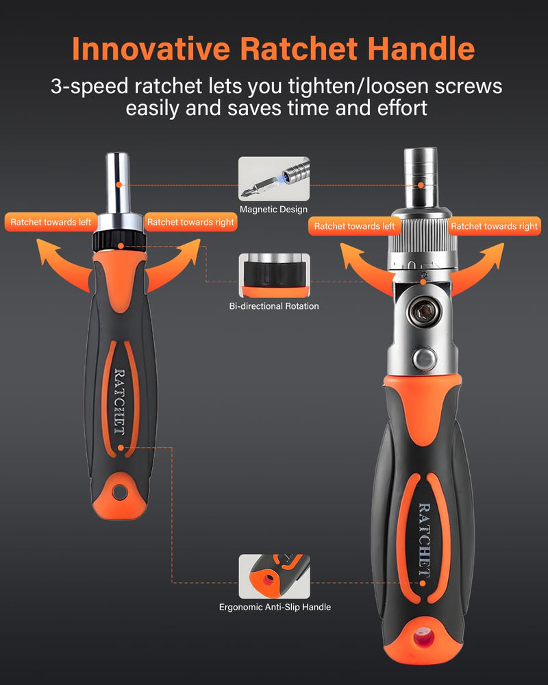 Ratcheting Screwdriver Set, 68 in 1 Socket Set & Magnetic Screwdriver Bit Set with Rotatable Ratchet Handles, Extensions Bar and Storage Case for Phone, Computer, Bike, Car, Electronics Maintenance 68 PCS Orange