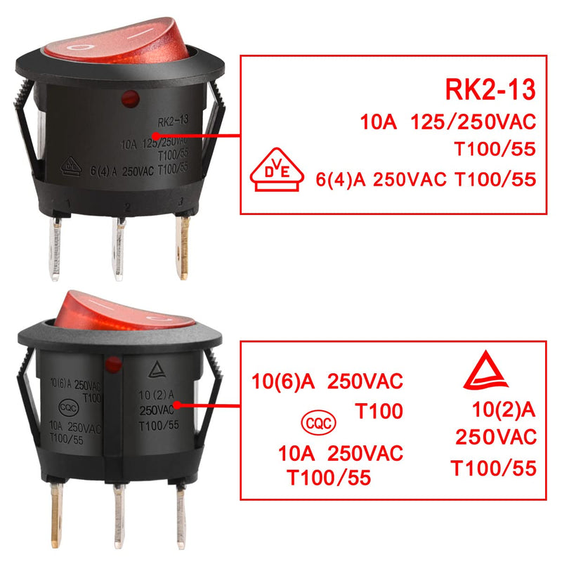 Heschen Round Rocker Switch ON-OFF SPST 3 Terminals Red Light 10A 250VAC 5Pack