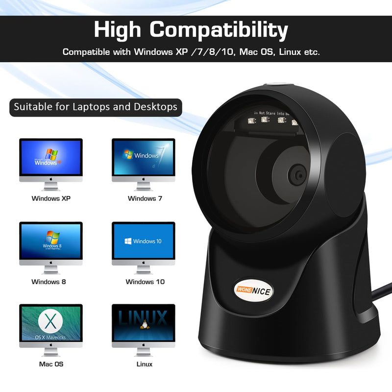 WoneNice Automatic Omnidirectional Desktop Barcode Scanner, USB Wired 1D 2D Barcode Scanner, Square QR Code Scanner, Handfree CMOS Image Bar Code Reader for Warehouse, Supermarket, Retail Store, Books