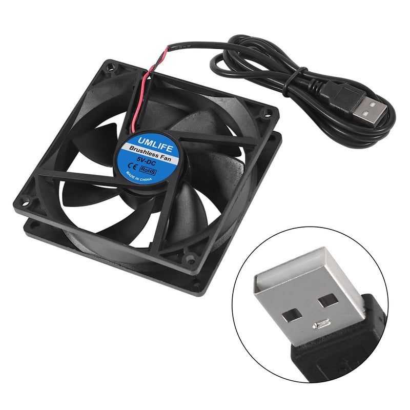 UMLIFE 2 Pack 92mm USB Fan for DIY Cooling Ventilation - 92mm x 92mm x 25mm - 5V DC 0.12A 2000 RPM 43.4CFM 27.3dBA Sleeve Bearing 35000h Life 92mm x 25mm NO Fan grill
