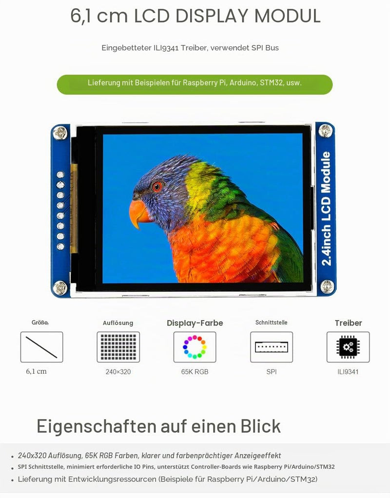 Waveshare 2.4 inch LCD TFT Display Module Support 65K RGB Colors, 240 x 320 Resolution, with SPI Interface, Embedded ILI9341 Driver, Using SPI Bus